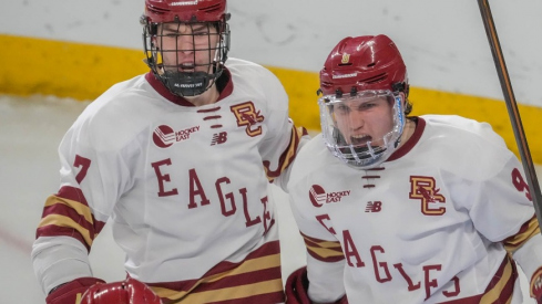 Boston College's Ryan Leonard, right, celebrates the go-ahead goal in the second period vs. Michigan Tech, Friday, March 29, 2024 in the NCAA hockey regionals.