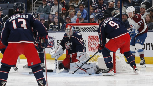 Columbus Blue Jackets' Daniil Tarasov makes a pad save against the Colorado Avalanche during the second period at Nationwide Arena.