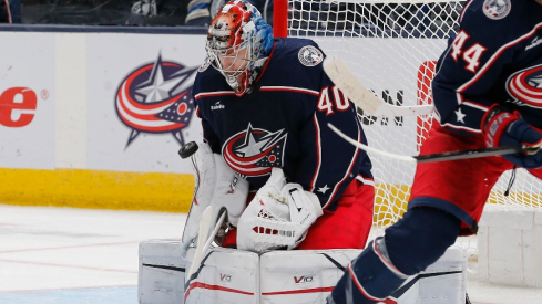 Columbus Blue Jackets goalie Daniil Tarasov (40) makes a save against the Colorado Avalanche during the second period at Nationwide Arena.