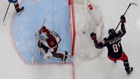 Columbus Blue Jackets right wing Kirill Marchenko (86) celebrates his goal against the Colorado Avalanche during the second period at Nationwide Arena.