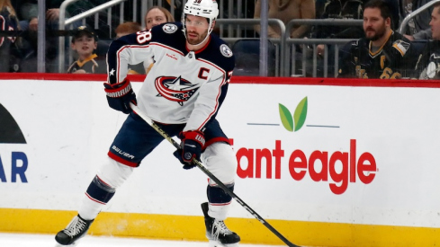 Columbus Blue Jackets' Boone Jenner handles the puck against the Pittsburgh Penguins during the first period at PPG Paints Arena.