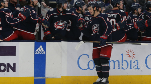 Columbus Blue Jackets Forward Cole Sillinger celebrates his goal against the Colorado Avalanche