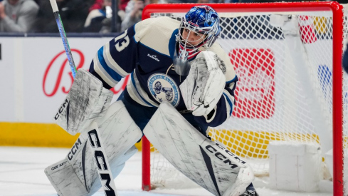 Columbus Blue Jackets goaltender Jet Greaves (73) defends the net against the New York Islanders in the second period at Nationwide Arena.