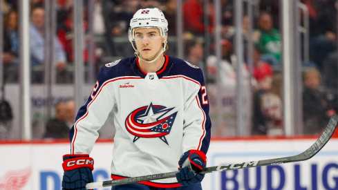 Columbus Blue Jackets defenseman Jake Bean (22) looks on during the first period of the game against the Detroit Red Wings at Little Caesars Arena.