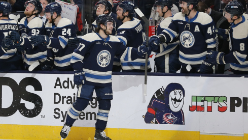 Columbus Blue Jackets defenseman Nick Blankenburg celebrates his goal against the Philadelphia Flyers