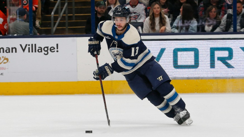 Columbus Blue Jackets left wing Johnny Gaudreau (13) carries the puck against the Philadelphia Flyers during the first period at Nationwide Arena.