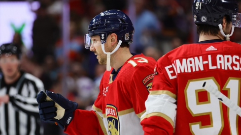 Florida Panthers' Sam Reinhart celebrates after scoring against the Columbus Blue Jackets during the second period at Amerant Bank Arena.