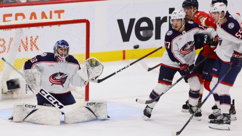 Columbus Blue Jackets goaltender Jet Greaves (73) defends his net against the Florida Panthers during the third period at Amerant Bank Arena.