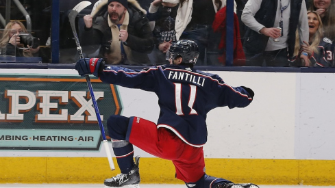 Columbus Blue Jackets' Adam Fantilli celebrates his goal against the Toronto Maple Leafs during the third period at Nationwide Arena.