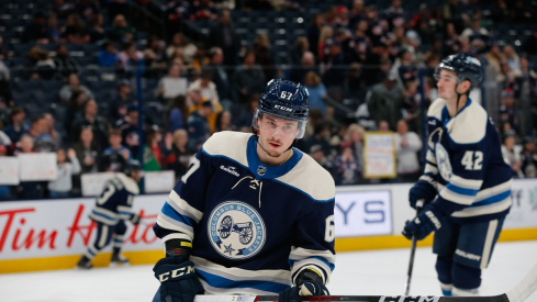 Columbus Blue Jackets left wing James Malatesta skates during pregame warmup