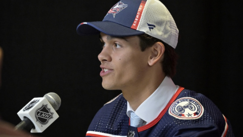 Luca Del Bel Belluz gives an interview after being selected by the Columbus Blue Jackets in the second round of the 2022 NHL Draft at the Bell Centre.