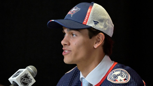 Luca Del Bel Belluz gives an interview after being selected by the Columbus Blue Jackets in the second round of the 2022 NHL Draft at the Bell Centre.