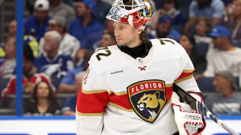 Florida Panthers goaltender Sergei Bobrovsky (72) looks on against the Tampa Bay Lightning during the third period in game three of the first round of the 2024 Stanley Cup Playoffs at Amalie Arena.