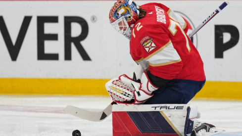 Florida Panthers goaltender Sergei Bobrovsky (72) makes a save against the Tampa Bay Lightning during the first period in game five of the first round of the 2024 Stanley Cup Playoffs at Amerant Bank Arena.
