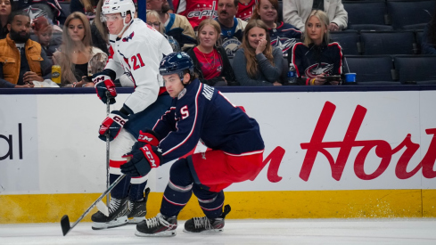 Denton Mateychuk skates in the preseason for the Columbus Blue Jackets