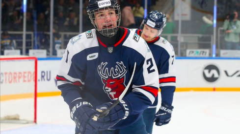 Anton Silayev celebrates a goal in the KHL