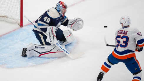 Columbus Blue Jackets goaltender Daniil Tarasov (40) makes a save in net against New York Islanders center Casey Cizikas (53) in the first period at Nationwide Arena.