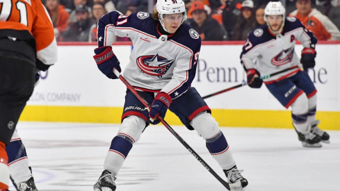 Columbus Blue Jackets center Kent Johnson (91) against the Philadelphia Flyers at Wells Fargo Center.