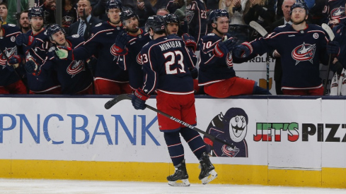Columbus Blue Jackets center Sean Monahan (23) celebrates his goal against the Ottawa Senators during the third period at Nationwide Arena.