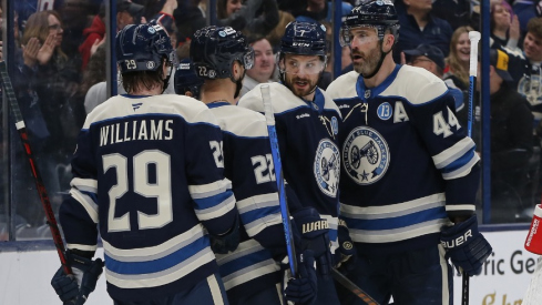Columbus Blue Jackets center Sean Kuraly (7) celebrates his goal against the New York Islanders during the second period at Nationwide Arena.