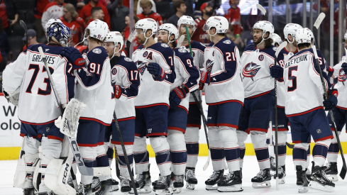 Columbus Blue Jackets celebrate after their win against the Washington Capitals