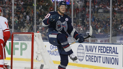 Columbus Blue Jackets left wing Dmitri Voronkov (10) celebrates scoring against the Detroit Red Wings during the second period at Ohio Stadium.
