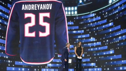 Commissioner Gary Bettman and Meredith Gaudreau announce Pyotr Andreyanov as the 20th overall pick by the Columbus Blue Jackets in the first round of the 2025 NHL Draft at Peacock Theater.