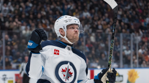 Winnipeg Jets forward Nikolaj Ehlers (27) celebrates his goal against the Vancouver Canucks in the first period at Rogers Arena.