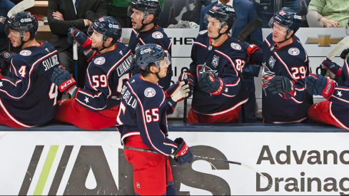 Luca Del Bel Belluz celebrates a goal during the second period of Sunday's preseason opener, a 4-1 win for the Columbus Blue Jackets over the St. Louis Blues.