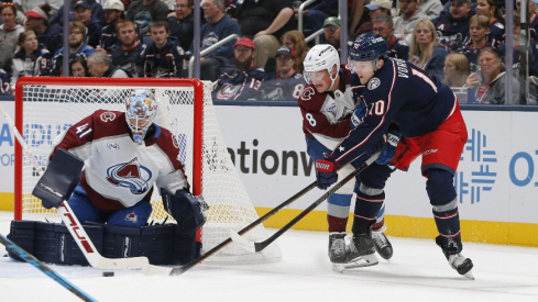 Oct 16, 2025; Columbus, Ohio, USA; Colorado Avalanche goalie Scott Wedgewood (41) makes a save on the shot from Columbus Blue Jackets left wing Dmitri Voronkov (10) during the third period at Nationwide Arena.