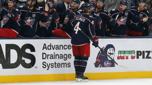 Oct 29, 2025; Columbus, Ohio, USA; Columbus Blue Jackets center Cole Sillinger (4) celebrates his goal against the Toronto Maple Leafs during the second period at Nationwide Arena.
