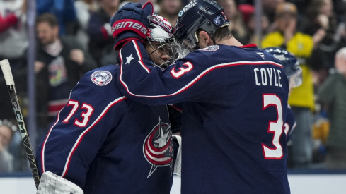 Nov 1, 2025; Columbus, Ohio, USA; Columbus Blue Jackets goaltender Jet Greaves (73) celebrates with center Charlie Coyle (3) after defeating the St. Louis Blues at Nationwide Arena.
