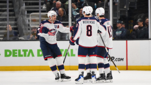 Nov 11, 2025; Seattle, Washington, USA; The Columbus Blue Jackets celebrates after a goal scored by center Adam Fantilli (19) during the second period against the Seattle Kraken at Climate Pledge Arena.