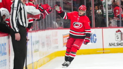 Dec 9, 2025; Raleigh, North Carolina, USA; Carolina Hurricanes center Seth Jarvis (24) celebrates his goal against the Columbus Blue Jackets during the second period at Lenovo Center.