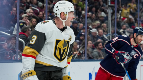Dec 13, 2025; Columbus, Ohio, USA; Vegas Golden Knights defenseman Brayden McNabb (3) celebrates scoring a goal against the Columbus Blue Jackets in the third period at Nationwide Arena.
