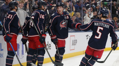 Dec 16, 2025; Columbus, Ohio, USA; Columbus Blue Jackets defenseman Zach Werenski (8) celebrates his goalagainst the Anaheim Ducks during the second period at Nationwide Arena.