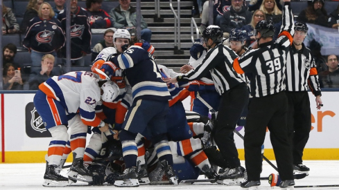 Dec 28, 2025; Columbus, Ohio, USA; A scrum breaks out during the second period between the New York Islanders and the Columbus Blue Jackets at Nationwide Arena.