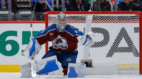Jan 10, 2026; Denver, Colorado, USA; Colorado Avalanche goaltender Trent Miner (50) watches the puck in the second period against the Columbus Blue Jackets at Ball Arena.