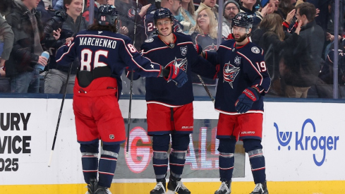 Jan 24, 2026; Columbus, Ohio, USA; Columbus Blue Jackets left wing Mason Marchment (17) celebrates his third goal of the game with right wing Kirill Marchenko (86) and center Adam Fantilli (19) during the third period against the Tampa Bay Lightning at Nationwide Arena.