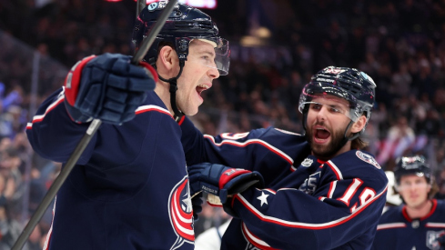 Jan 24, 2026; Columbus, Ohio, USA; Columbus Blue Jackets center Charlie Coyle (3) celebrates his goal with center Adam Fantilli (19) during the second period against the Tampa Bay Lightning at Nationwide Arena.