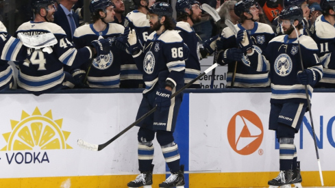 Jan 28, 2026; Columbus, Ohio, USA; Columbus Blue Jackets right wing Kirill Marchenko (86) celebrates his goal against the Philadelphia Flyers during the first period at Nationwide Arena.