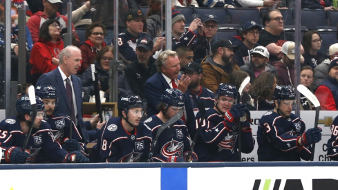 Jan 13, 2026; Columbus, Ohio, USA; Columbus Blue Jackets new head coach Rick Bowness instructs the bench during the first period against the Calgary Flames at Nationwide Arena.