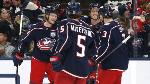 Feb 4, 2026; Columbus, Ohio, USA; Columbus Blue Jackets defenseman Danton Heinen (43) celebrates his goal against the Chicago Blackhawks during the second period at Nationwide Arena.