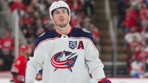 Dec 9, 2025; Raleigh, North Carolina, USA; Columbus Blue Jackets defenseman Zach Werenski (8) looks up against the Carolina Hurricanes during the second period at Lenovo Center.