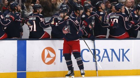 Mar 3, 2026; Columbus, Ohio, USA; Columbus Blue Jackets center Adam Fantilli (19) celebrates his goal against the Nashville Predators during the first period at Nationwide Arena.
