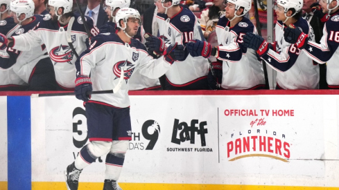 Dec 6, 2025; Sunrise, Florida, USA; Columbus Blue Jackets center Cole Sillinger (4) celebrates a goal against the Florida Panthers during the second period at Amerant Bank Arena.