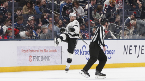 Mar 9, 2026; Columbus, Ohio, USA; Los Angeles Kings right wing Adrian Kempe (9) celebrates his game winning goal against the Columbus Blue Jackets during overtime at Nationwide Arena.