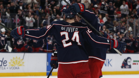 Mar 5, 2026; Columbus, Ohio, USA; Columbus Blue Jackets center Mathieu Olivier (24) celebrates his goal against the Florida Panthers during the second period at Nationwide Arena.