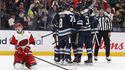 Mar 17, 2026; Columbus, Ohio, USA; Columbus Blue Jackets defenseman Danton Heinen (43) celebrates scoring a goal against the Carolina Hurricanes during the second period at Nationwide Arena.