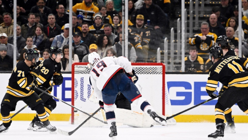 Feb 26, 2026; Boston, Massachusetts, USA; Columbus Blue Jackets center Adam Fantilli (19) scores a goal against Boston Bruins goaltender Joonas Korpisalo (70) during the third period at TD Garden.